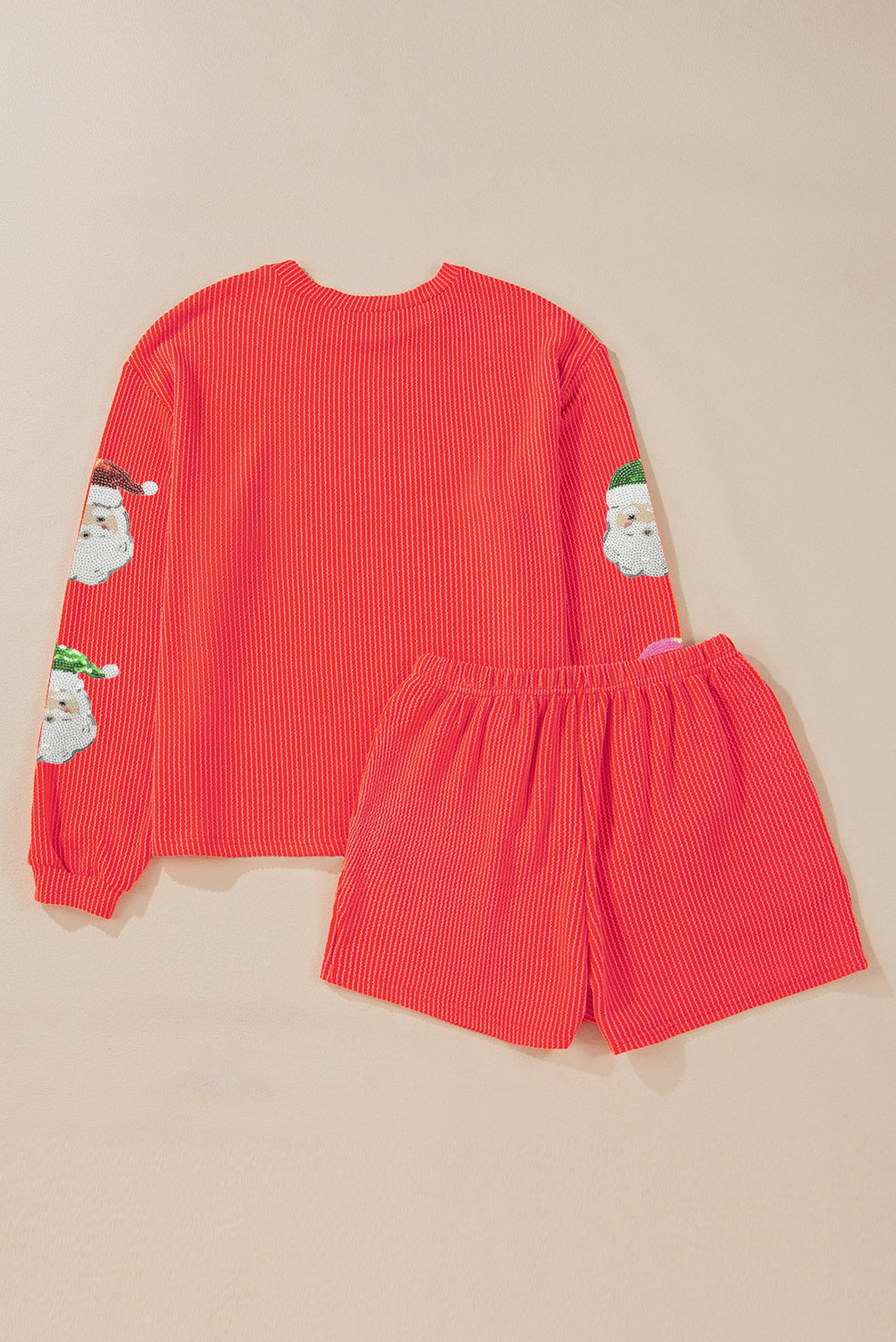 Gold Flame Twisted Ribbed Father Christmas Sequins Patch Long Sleeve Top and Shorts Set
