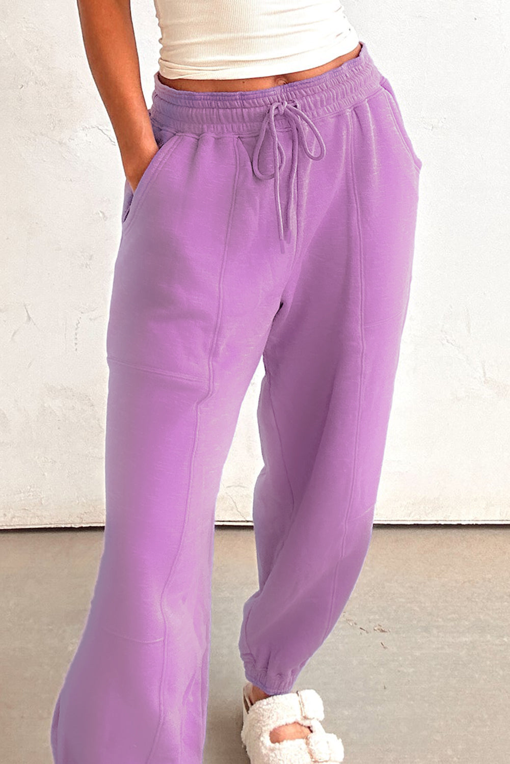 Light Pink Tie Elastic Waist Solid Color Patchwork Jogger Pants