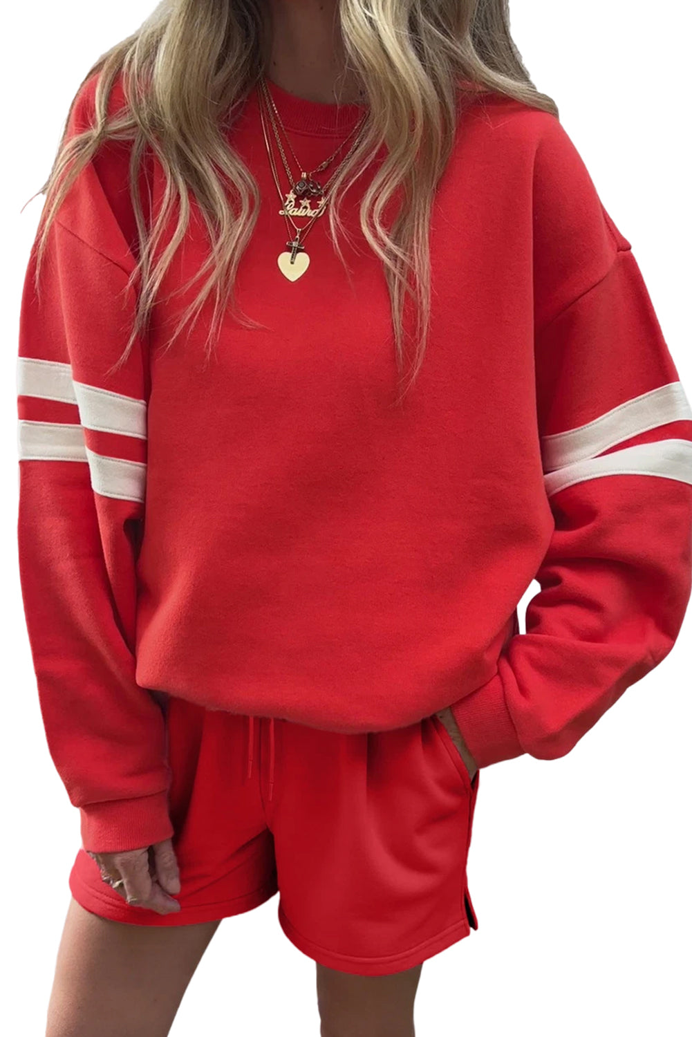 Fiery Red Varsity Striped Sleeve Drop Shoulder Sweatshirt and Shorts Set