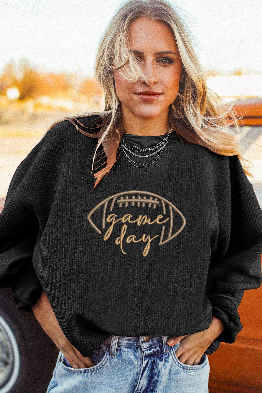 Orange Football Graphic Game Day Embroidered Corded Sweatshirt