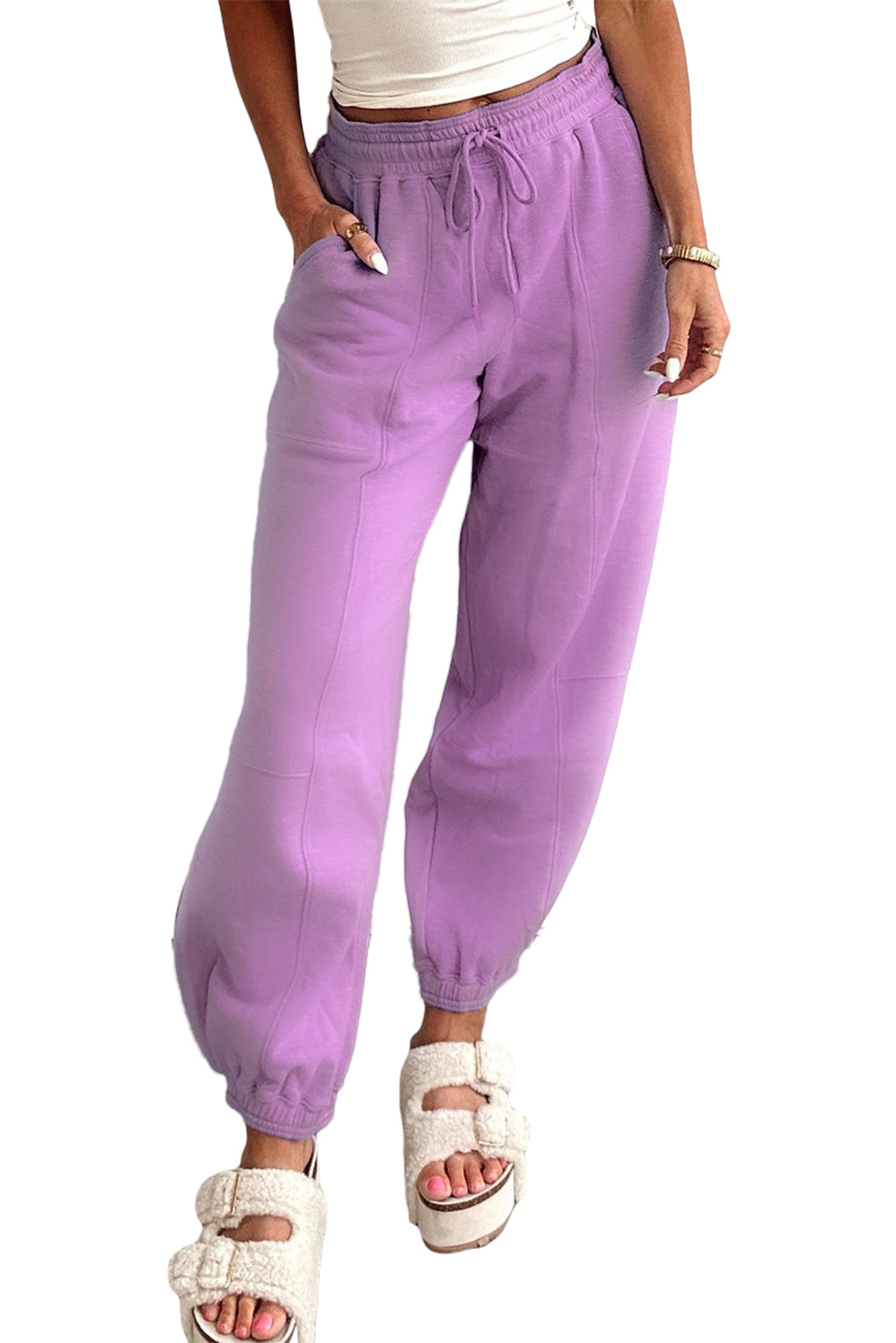 Light Pink Tie Elastic Waist Solid Color Patchwork Jogger Pants