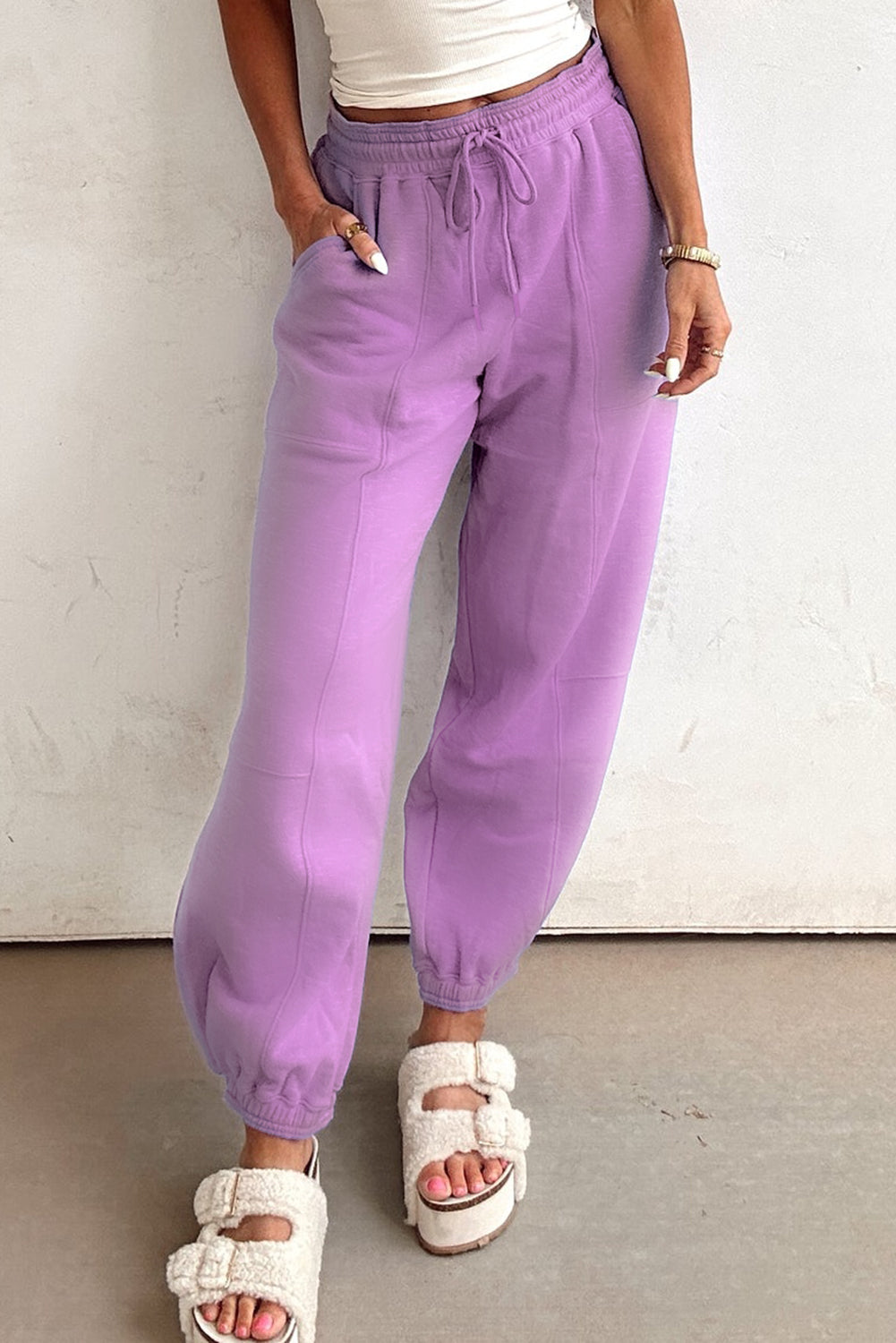 Light Pink Tie Elastic Waist Solid Color Patchwork Jogger Pants
