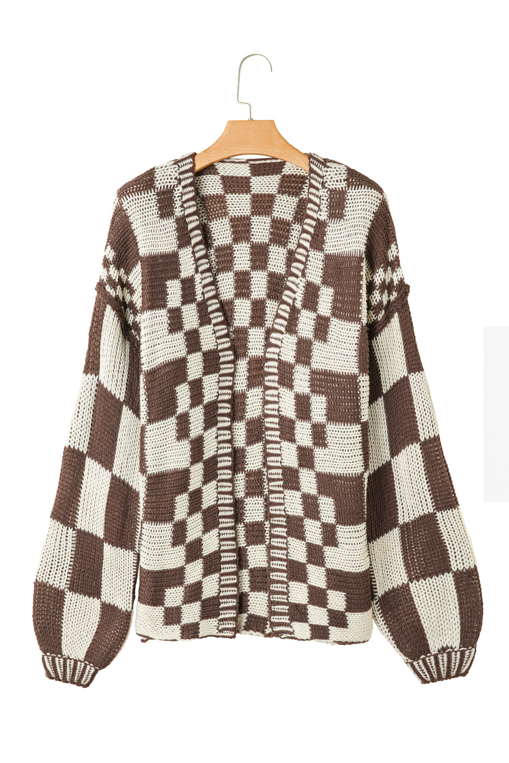 Dark Grey Colorblock Checked Loose Fit Open Front Knitted Cardigan