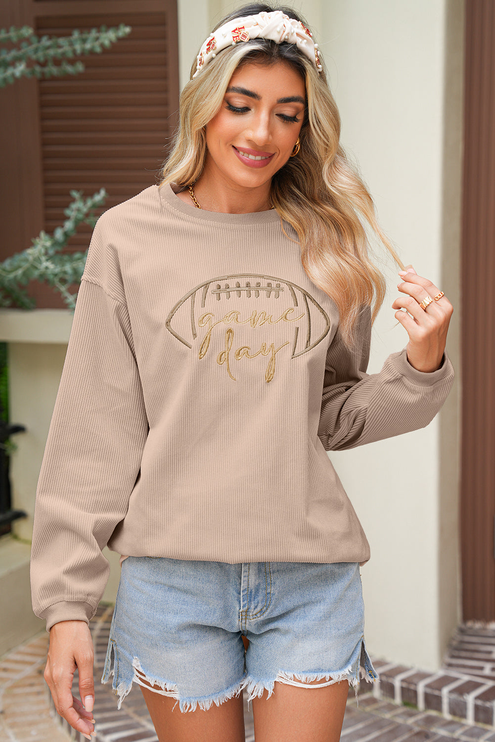 Orange Football Graphic Game Day Embroidered Corded Sweatshirt