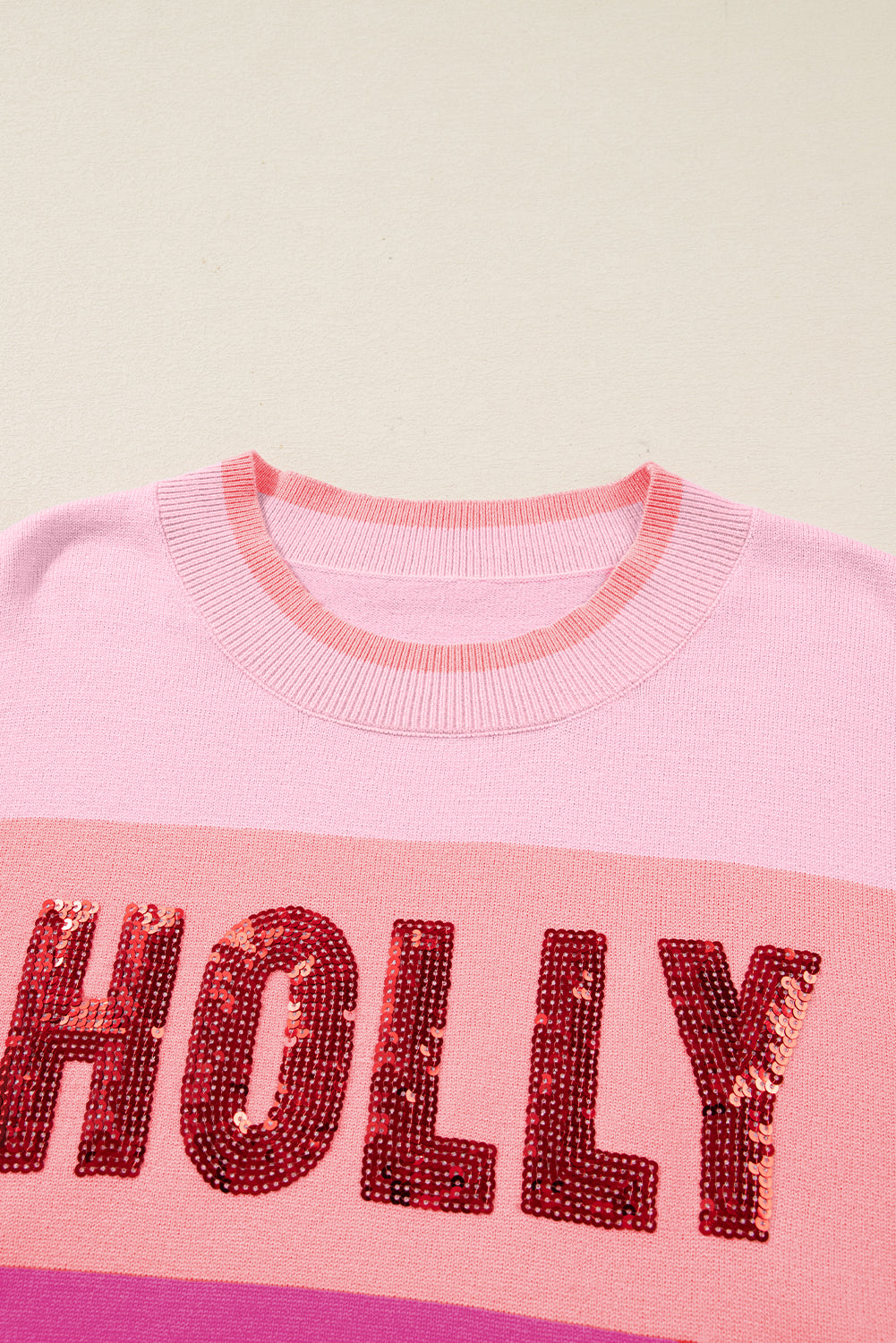 Pink HOLLY JOLLY Sequined Color Block Crew Neck Sweater