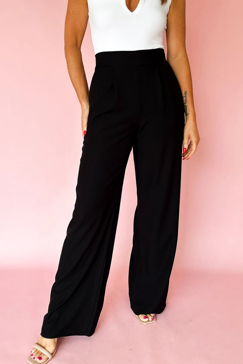 Black Pleated Detail Pull On Pants