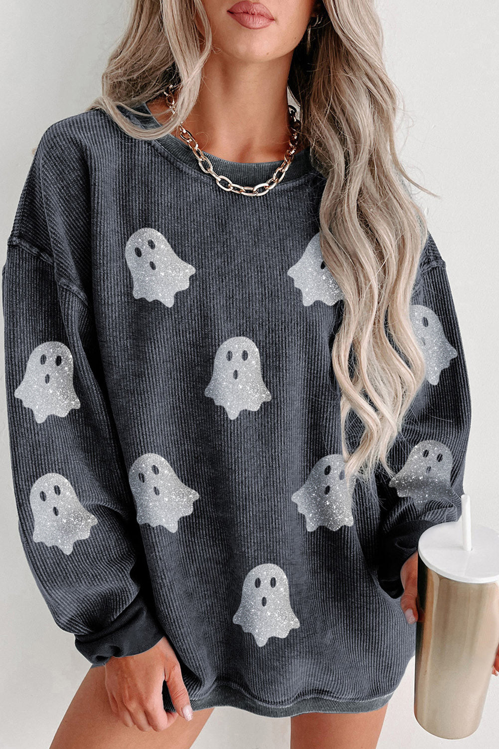 Gray Glitter Halloween Ghost Corded Crew Neck Loose Sweatshirt
