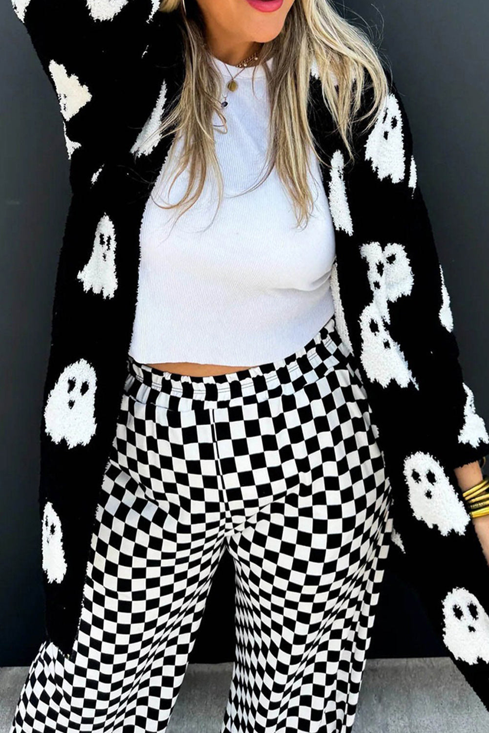 Black Halloween Plaid Ghost Pattern Mid length Knitted Cardigan