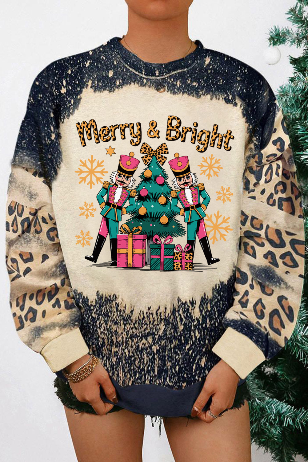 Black Merry&Bright Christmas Nutcracker Heat Transfer Printing Leopard Tie Dye Bleached Baggy Sweatshirt