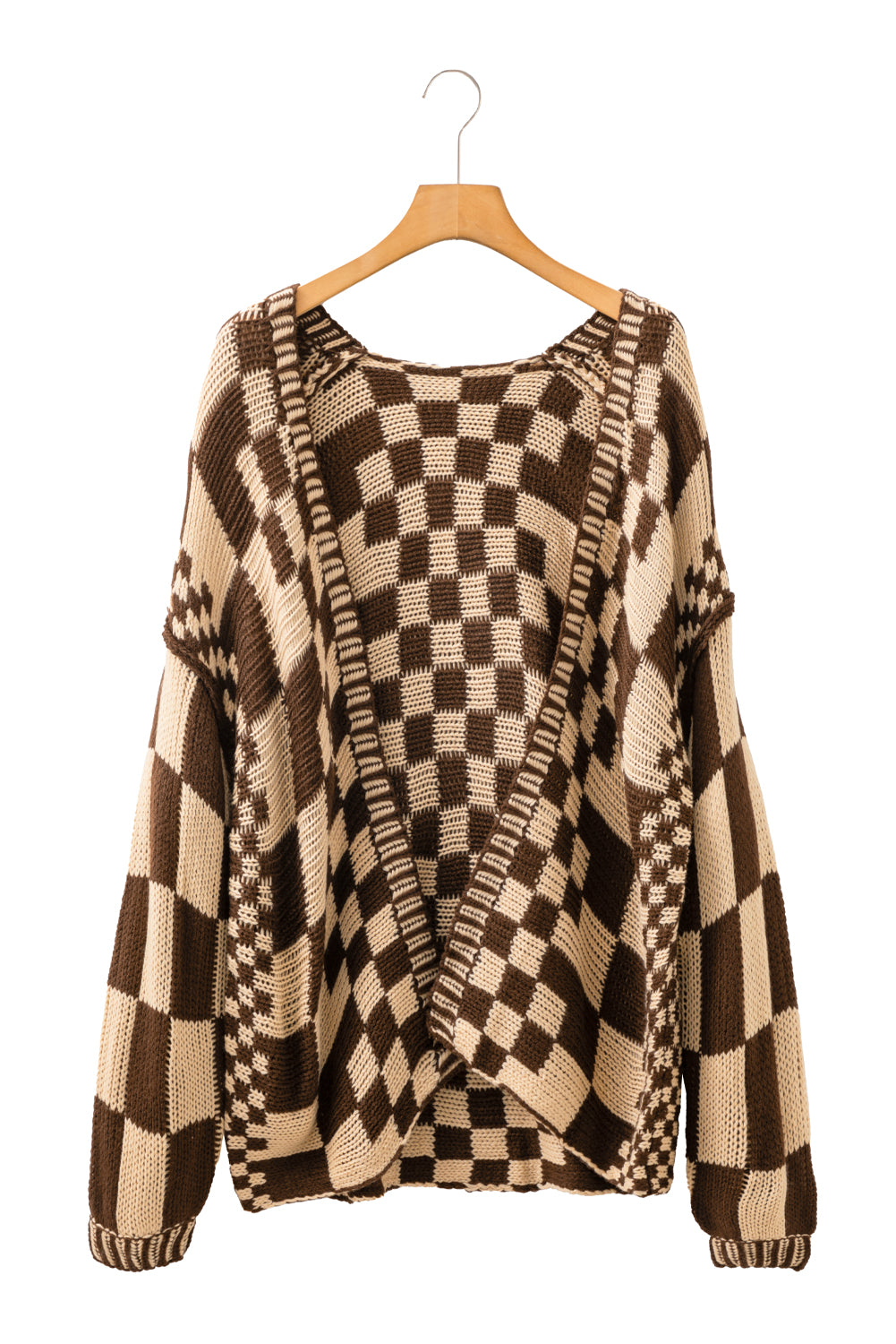 Dark Grey Colorblock Checked Loose Fit Open Front Knitted Cardigan