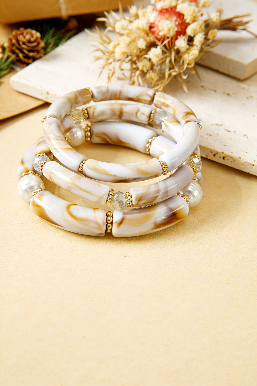 White 3pcs Boho Vintage Acrylic Beaded Bracelet Set