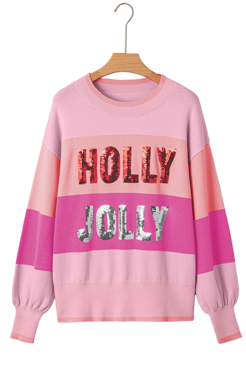 Pink HOLLY JOLLY Sequined Color Block Crew Neck Sweater