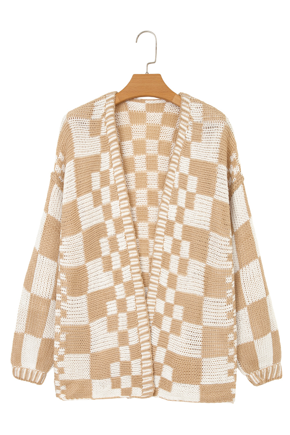Dark Grey Colorblock Checked Loose Fit Open Front Knitted Cardigan