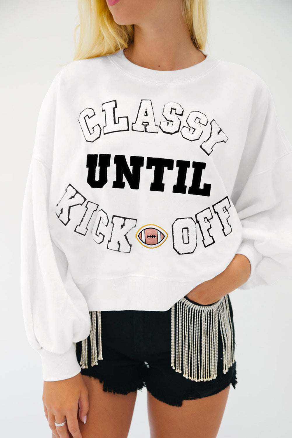 Navy Blue CLASSY UNTIL KICKOFF Letter Graphic Loose Sweatshirt