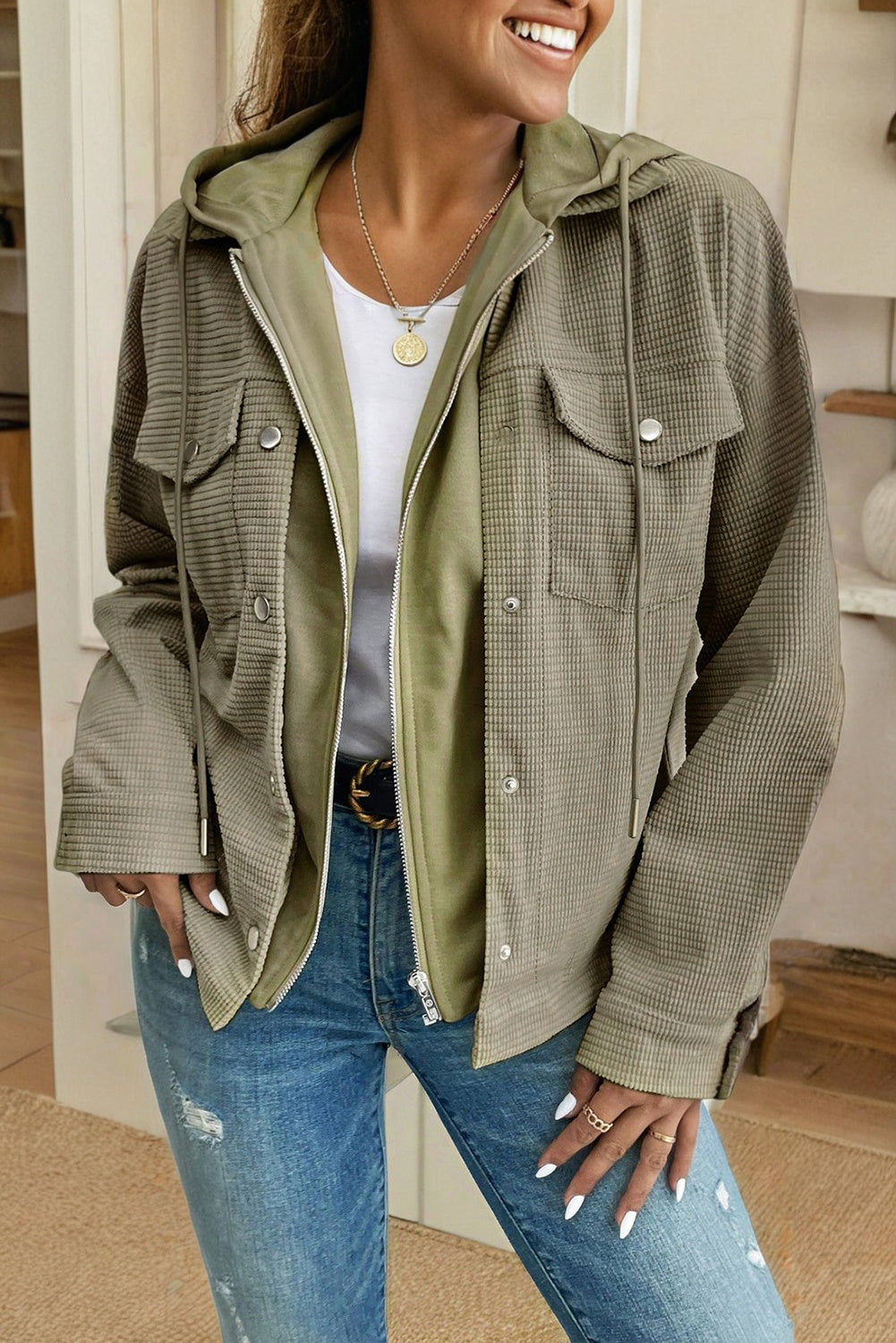 Laurel Green Solid Color Textured Patchwork Flap Pocket Shacket