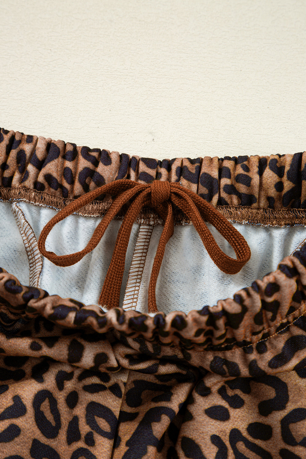 Coffee Allover Leopard Print Contrast Trim Long Sleeve Top and Pants Set