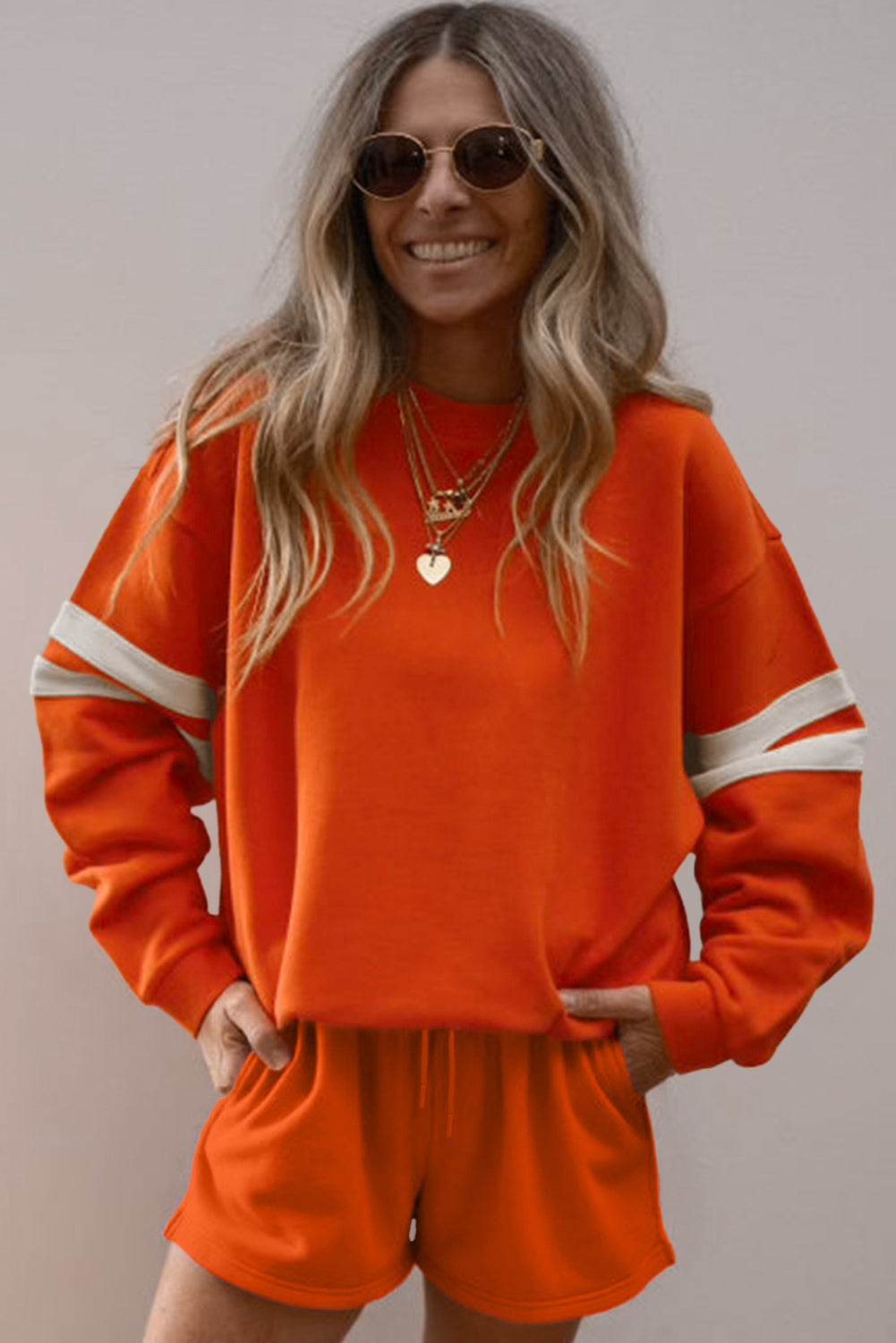 Fiery Red Varsity Striped Sleeve Drop Shoulder Sweatshirt and Shorts Set