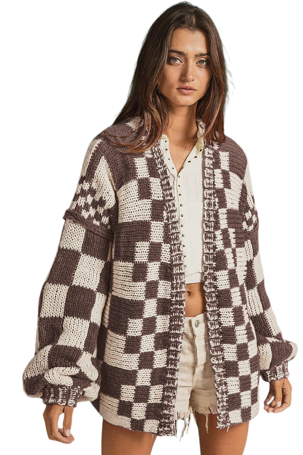 Dark Grey Colorblock Checked Loose Fit Open Front Knitted Cardigan