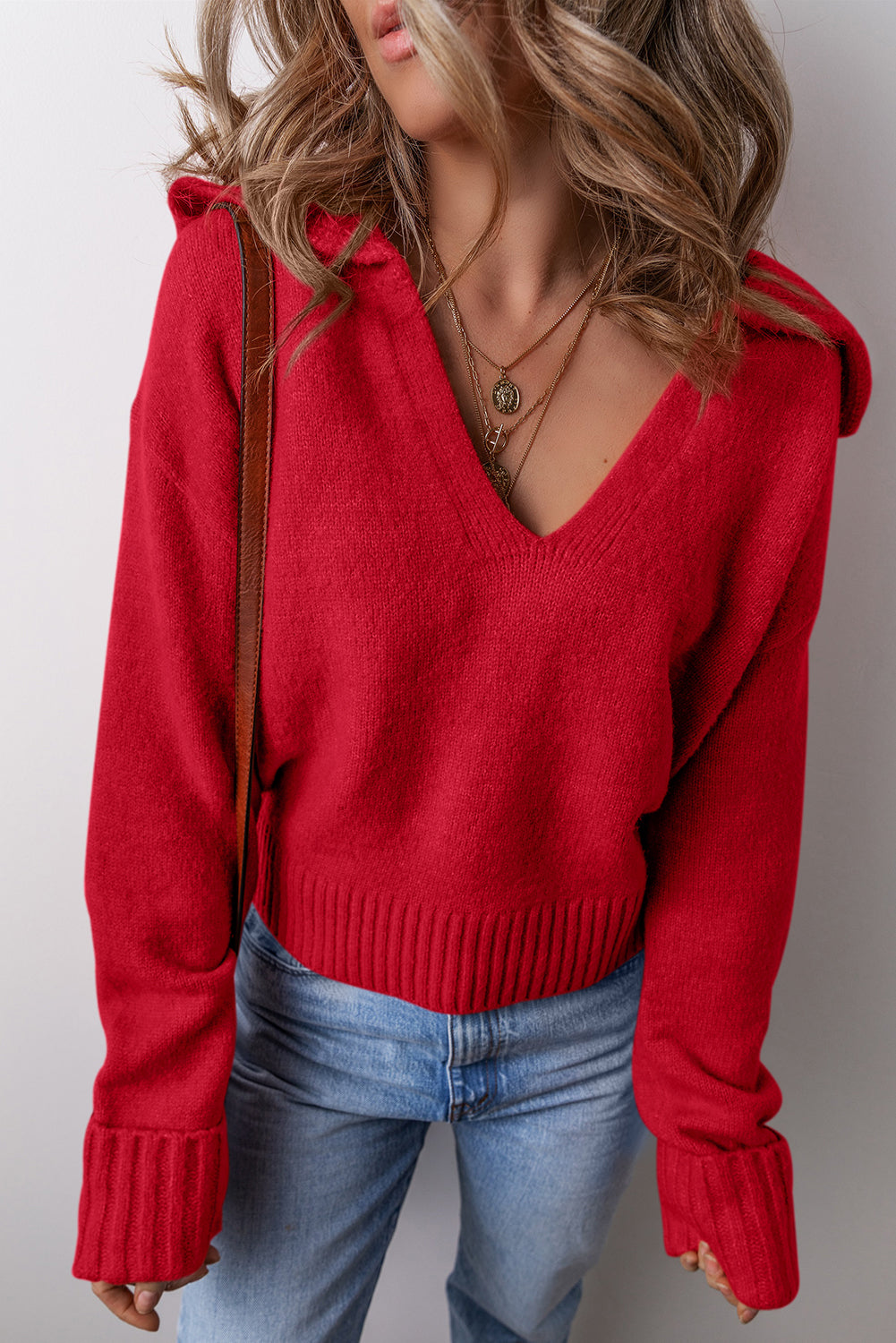 Flamingo Ribbed Edge Collared V Neck Loose Fit Sweater
