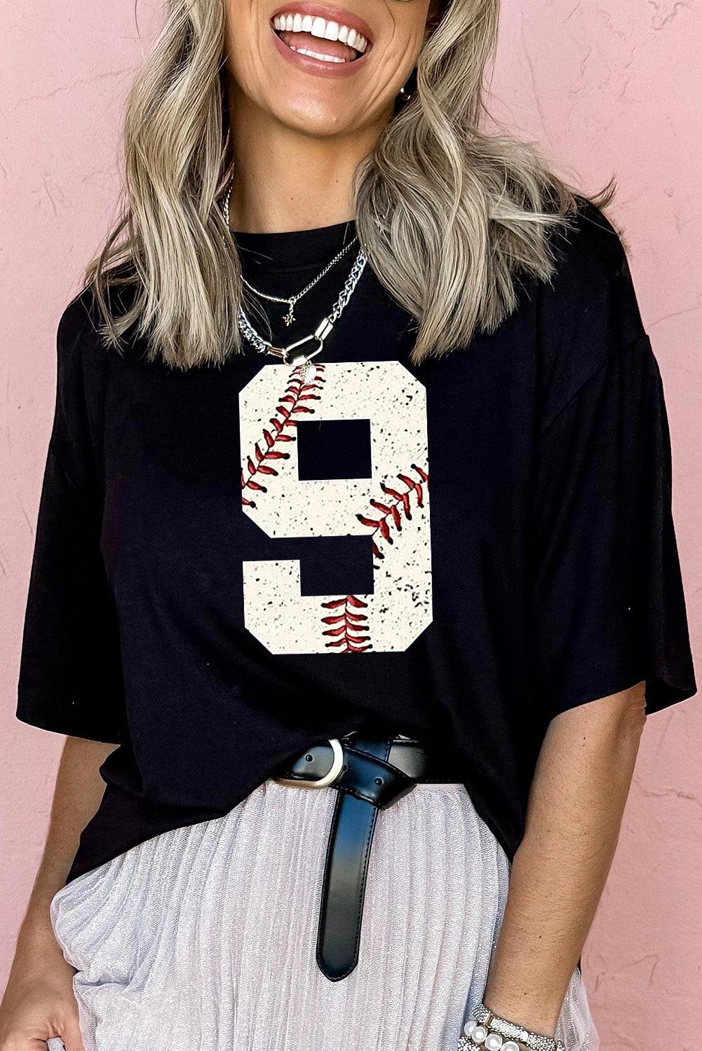 Black Game Day Number 9 Baseball Pattern Heat Transfer Printing Oversize Tee