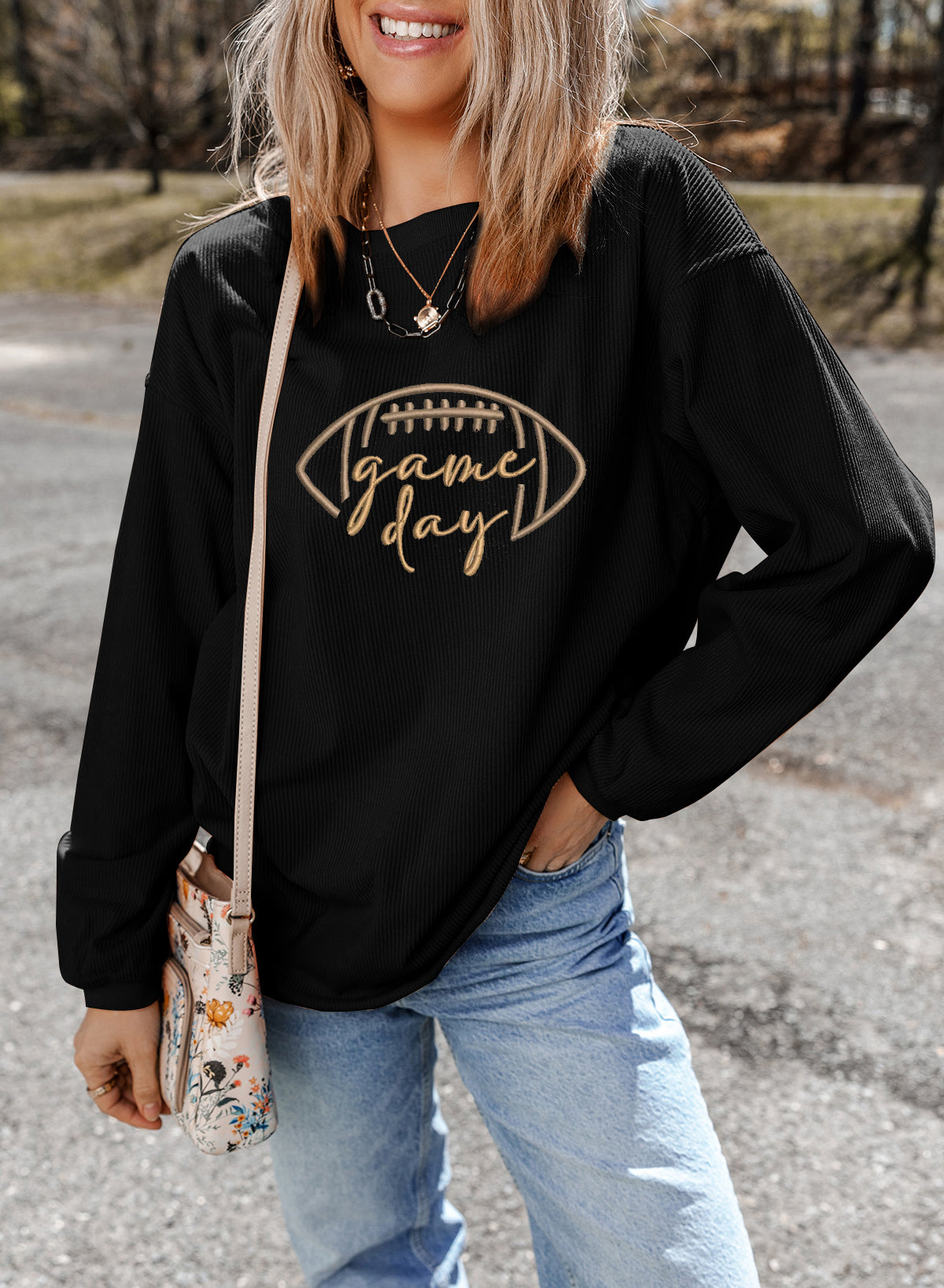 Orange Football Graphic Game Day Embroidered Corded Sweatshirt