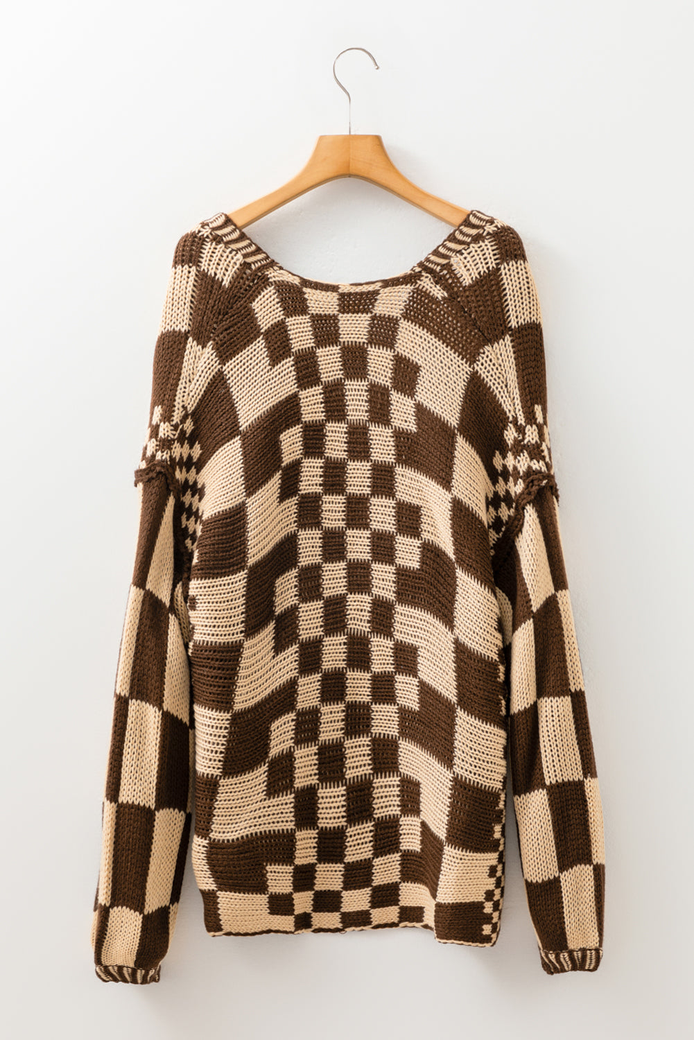 Dark Grey Colorblock Checked Loose Fit Open Front Knitted Cardigan