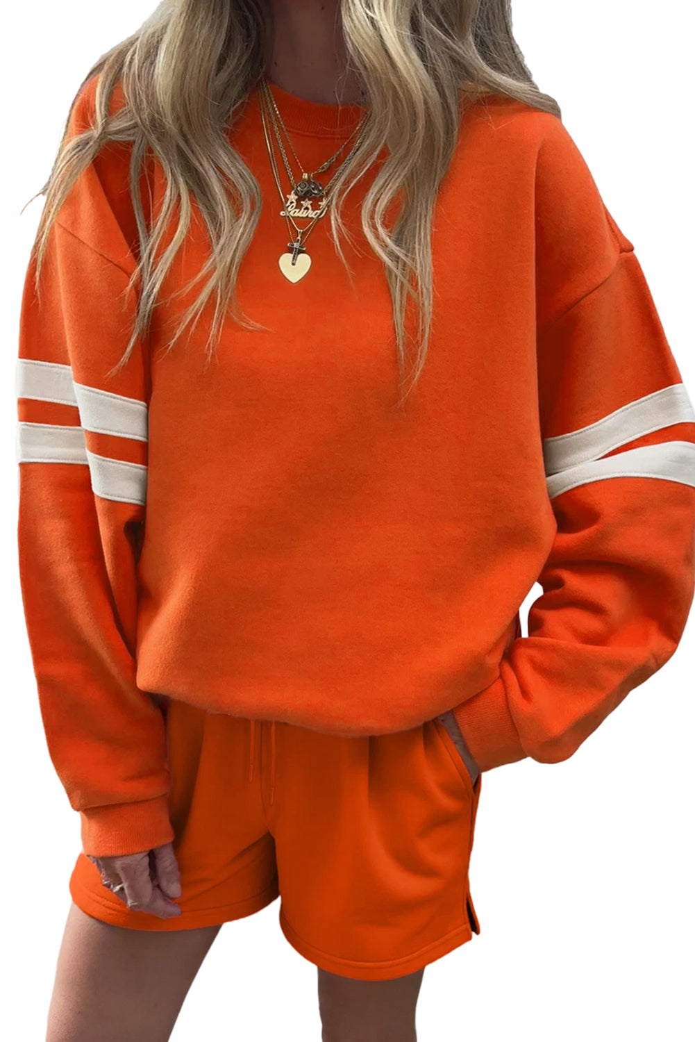 Fiery Red Varsity Striped Sleeve Drop Shoulder Sweatshirt and Shorts Set