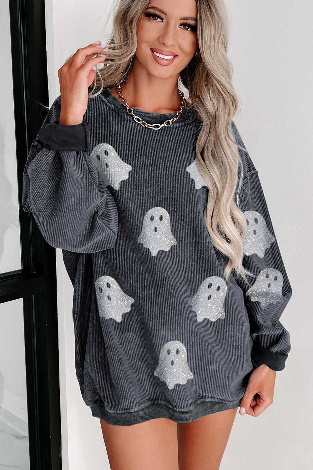 Gray Glitter Halloween Ghost Corded Crew Neck Loose Sweatshirt