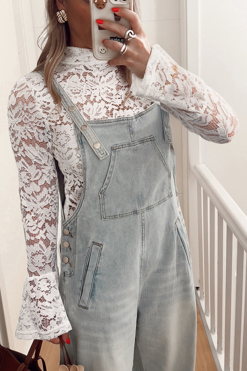 White Lace Crochet Bell Sleeve Mock Neck Blouse