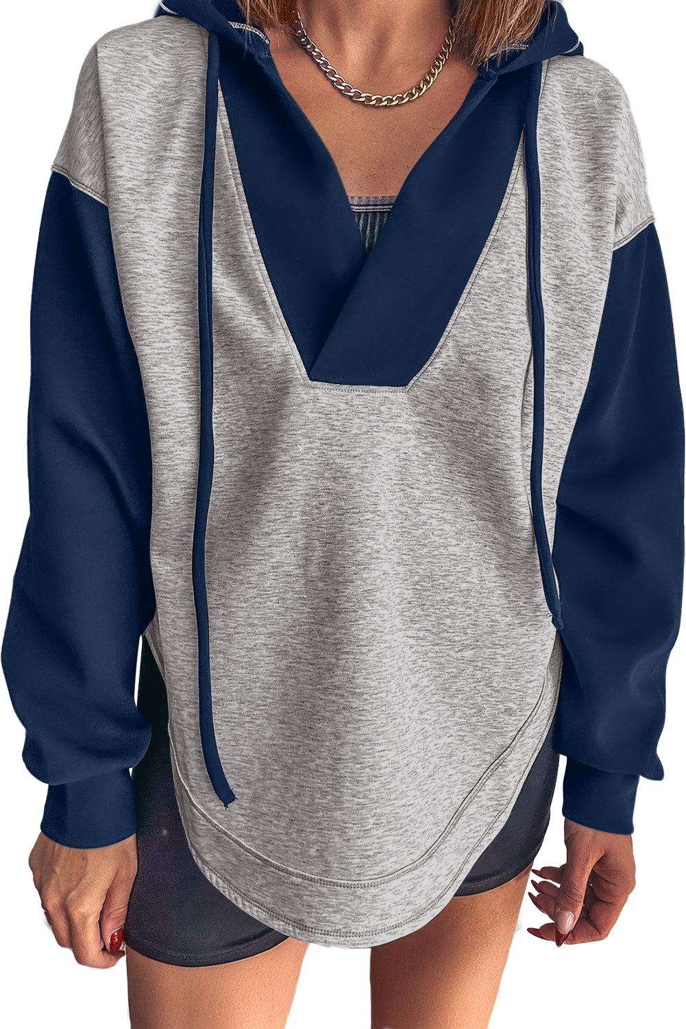 Light Grey Colorblock Patchwork V Neck Drawstring Hoodie