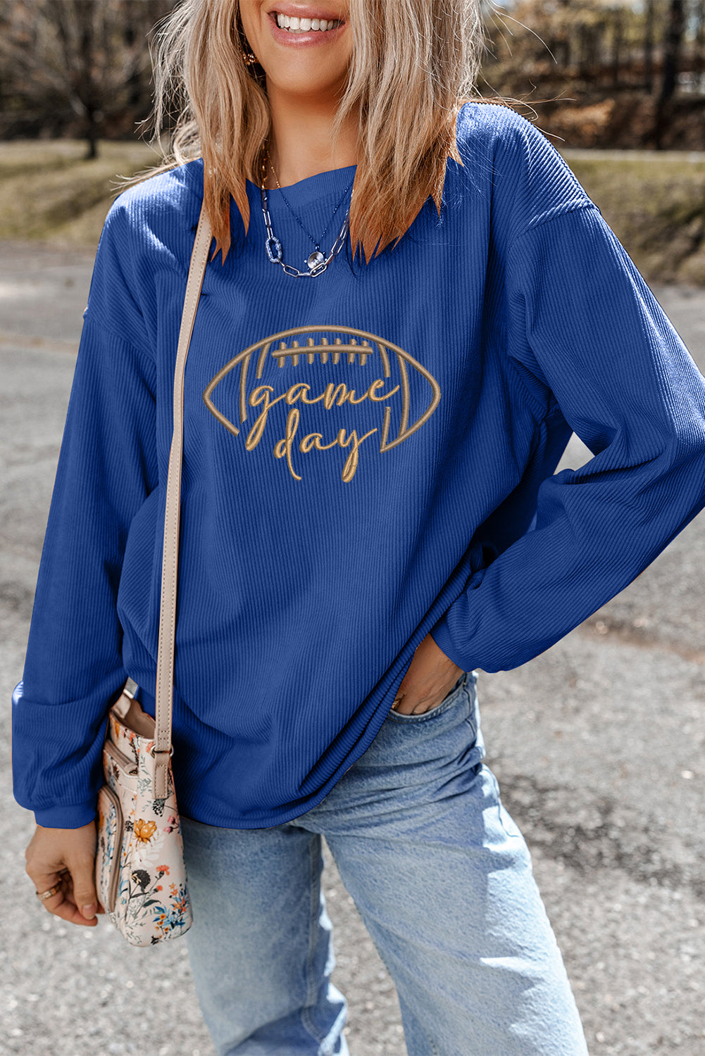 Orange Football Graphic Game Day Embroidered Corded Sweatshirt
