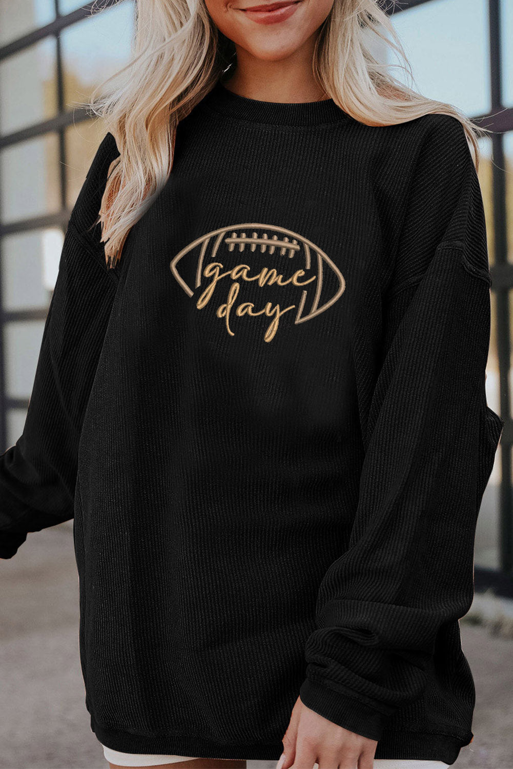 Orange Football Graphic Game Day Embroidered Corded Sweatshirt