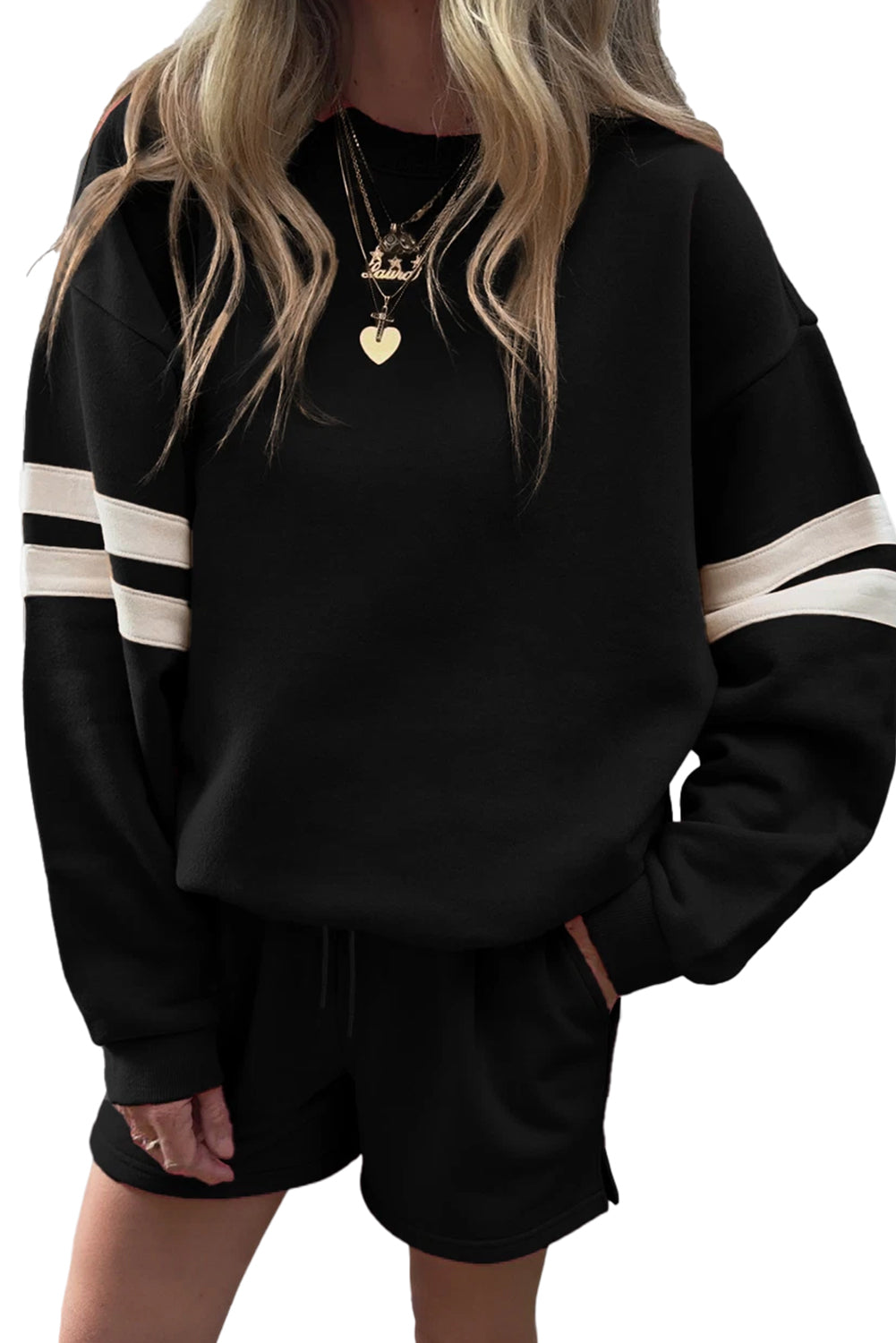 Fiery Red Varsity Striped Sleeve Drop Shoulder Sweatshirt and Shorts Set