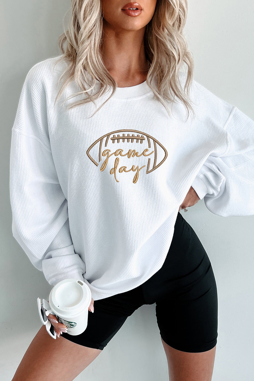 Orange Football Graphic Game Day Embroidered Corded Sweatshirt