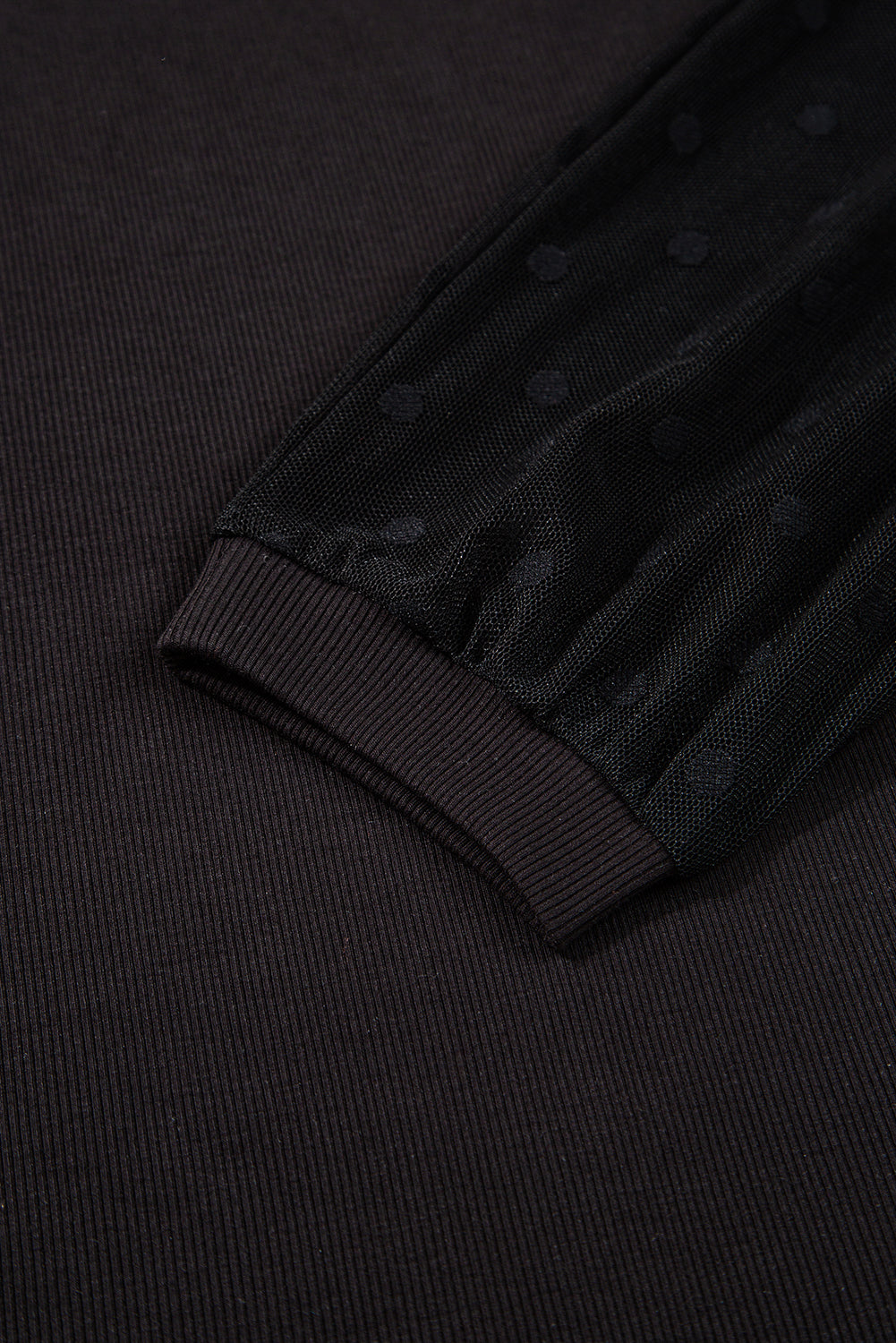 Black Polka Dot Mesh Puff Sleeve Patchwork Ribbed Square Neck Slim Top