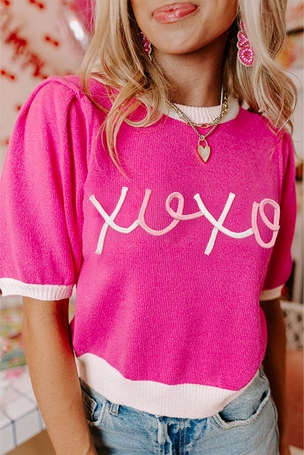 Bright Pink XOXO Embroidered Graphic Valentines Contrast Trim Crew Neck Short Puff Sleeve Sweater Tee