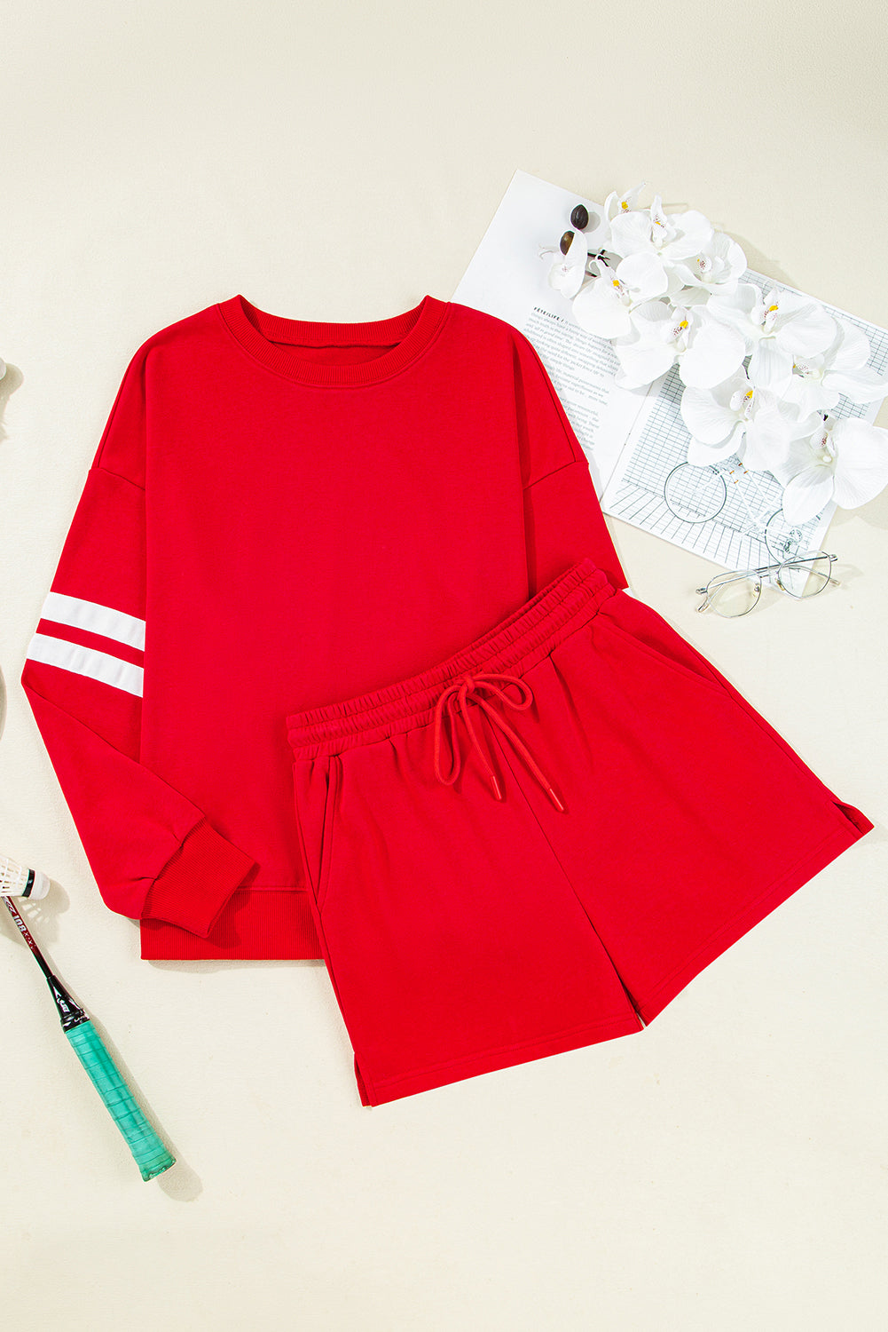 Fiery Red Varsity Striped Sleeve Drop Shoulder Sweatshirt and Shorts Set