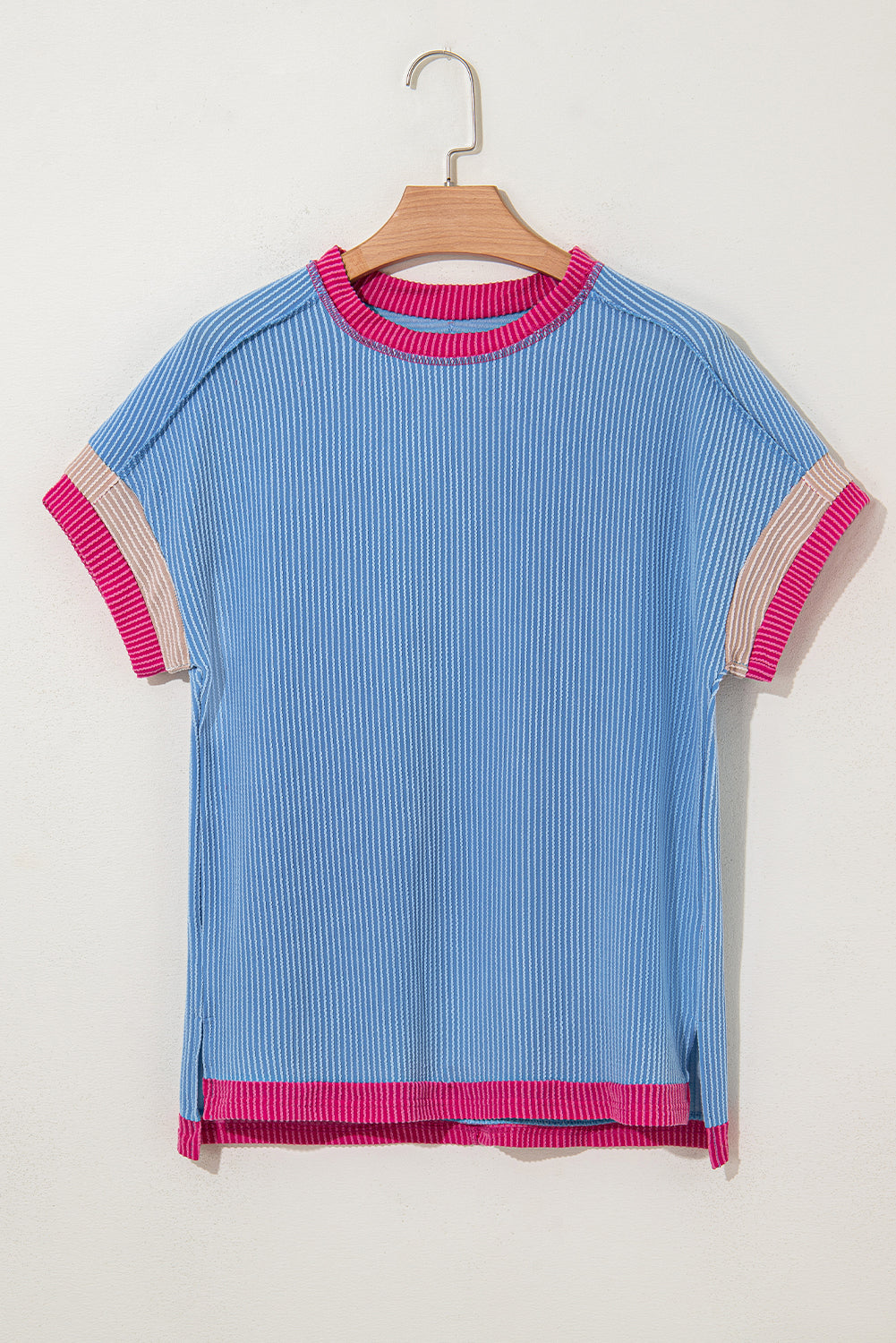 Sky Blue Textured Colorblock Round Neck T Shirt