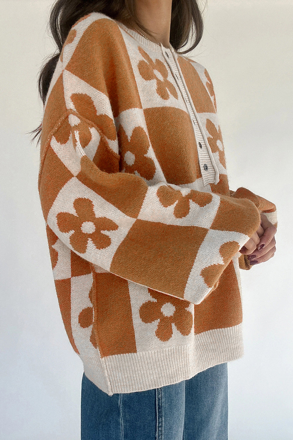 Thai Curry Flower Colorblock Checkered Henley Sweater