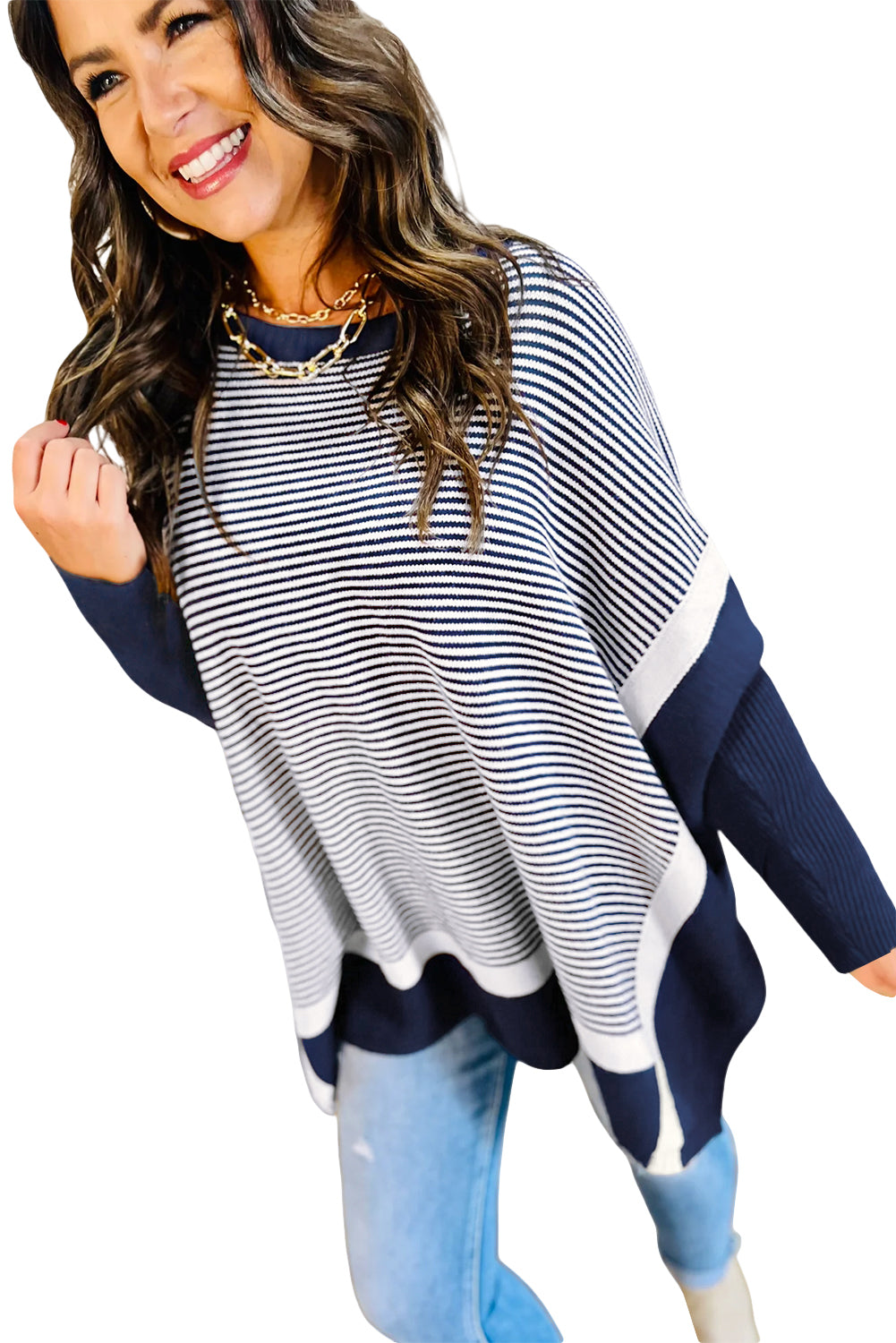 Red Stripe Colorblock Patchwork Dolman Oversize Tunic Sweater