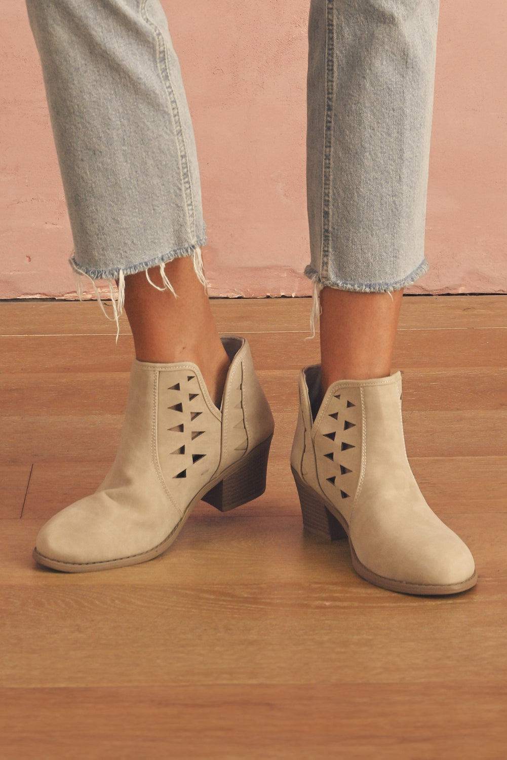 Parchment Cut Out Suede Pointed Toe Heeled Ankle Boots