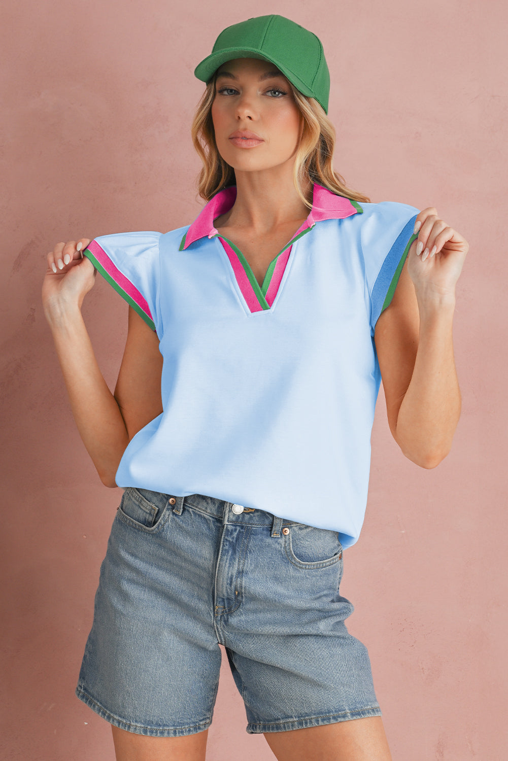 Beau Blue Pop of Color Collared V Neck Ruffle Sleeve Blouse