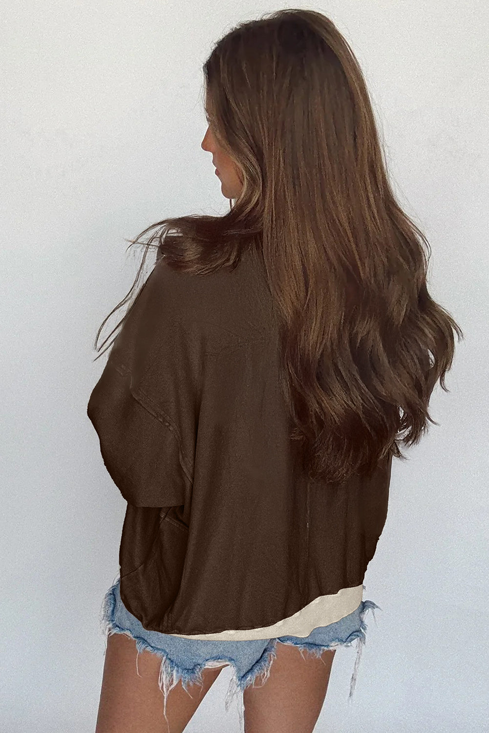 Coffee Raw Edge Flower Patch Drop Shoulder Long Sleeve Top