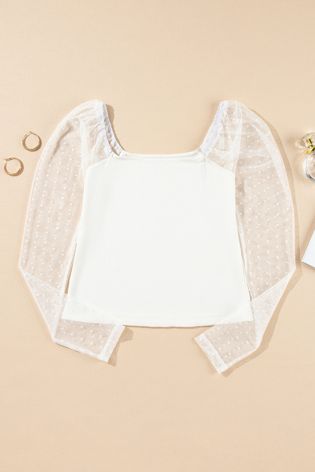 White Dotted Mesh Long Sleeve Cropped Blouse