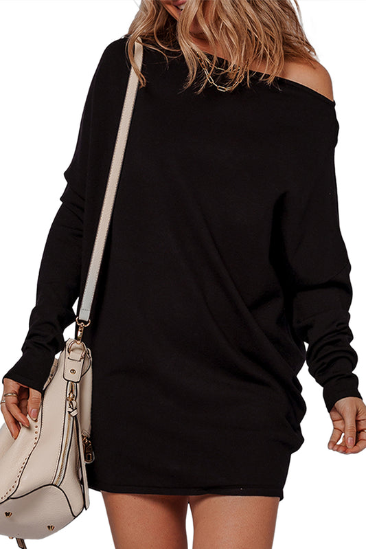 Black Asymmetric Neck Batwing Sleeve Shift Mini Sweater Dress