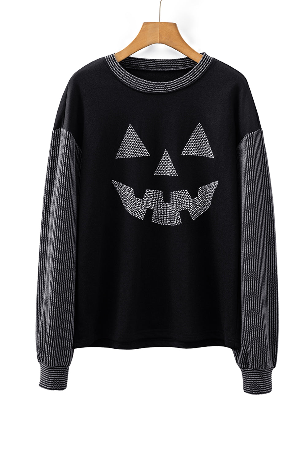 Black Halloween Rhinestone Pumpkin Contrast Ribbed Patchwork Top