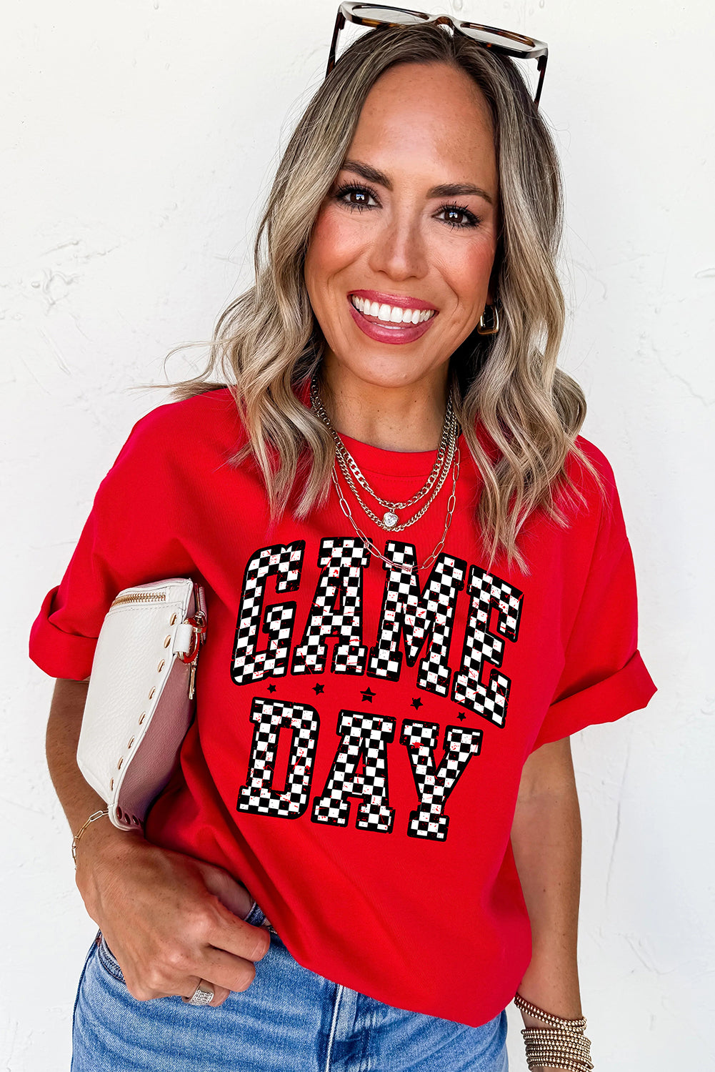 Red Checkered Game Day Heat Transfer Printing Graphic T Shirt