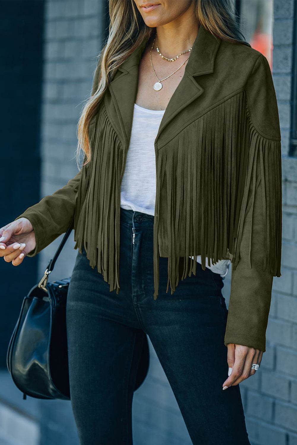 Gray Cropped Fringe Faux Suede Jacket
