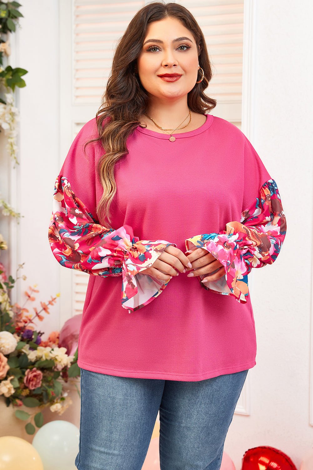 Bright Pink Floral Patchwork Flounce Sleeve Plus Knit Top