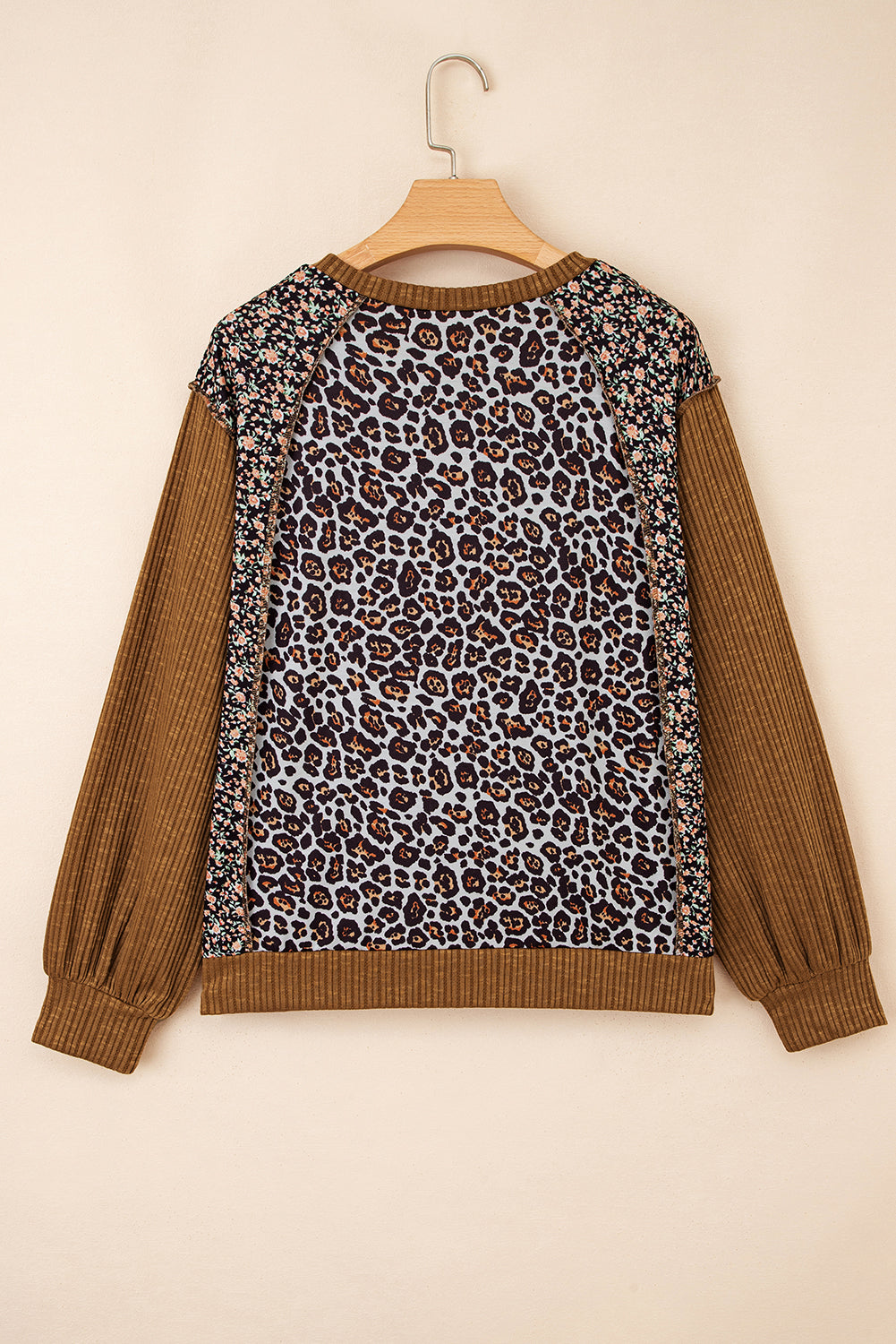 Brown Leopard Floral Print Ribbed Patchwork Puff Sleeve Loose Pullover